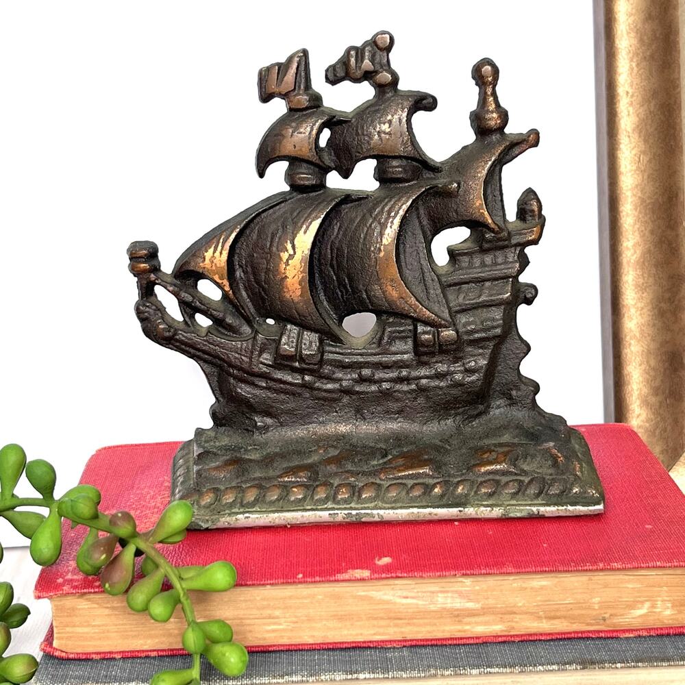 VTG Heavy Cast Iron Galleon Clipper Ship Bookend Doorstop Copper Bronze Rustic